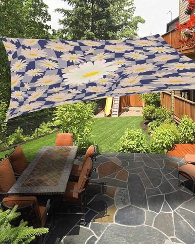 Boanket Sun Shade Sail 12' x 16', Spring Floral Sun Blocking Shades Privacy Outdoor Covering, Summer Daisy Botanical Rustic Blue Checkered Shade Cloth for Patio Deck Garden Lawns Beach Backyard