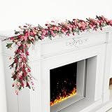 Lokeisna Spring Paper Garland:6 Ft Paper Garland,Red Orange and Pink Spring Garlands with Paper and Fabric Flower,EVA Leaves,Flower Spike,All Seasons Garlands for Front Door,Living Room,Wedding