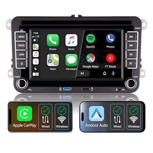 Autoradio wireless carplay per VW Polo Golf 5 6 Passat Tiguan Touran T5,Schermo IPS da 7',Stereo VW Supporta Android auto e Mirrorlink,SWC originale,Bluetooth,Microfono,AM FM RDS,USB,EQ/DSP,Navigatore