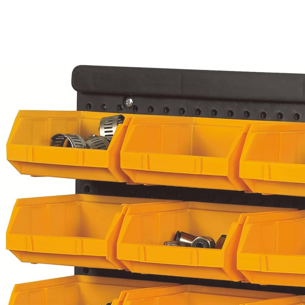 Juego de 32 cajas de almacenamiento de color amarillo y negro, 100% polipropileno, 30 recipientes de almacenamiento con 2 soportes de pared para taller, garaje, tornillos, tacos