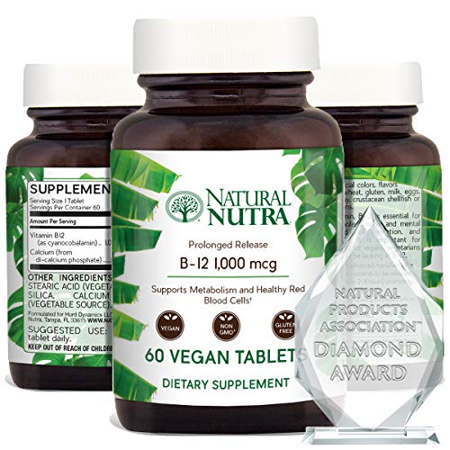 Natural Nutra Vegan Vitamin B12 1000 mcg, Cobalamin B 12 Supplement, Calcium Phosphate, Supports Brain and Metabolism Healthy, Red Blood Cells, Optimal Absorption, Gluten Free, Sugar Free, 60 Tablets