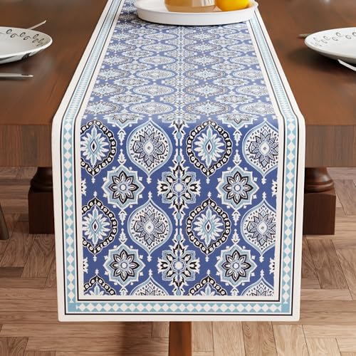Image of Encasa XO Dining Table Runner for 4 to 6 Seater | Indigo-03 Block Printed Cotton Canvas | 32x183 cm | Jaipur Sanganeri Hand Print