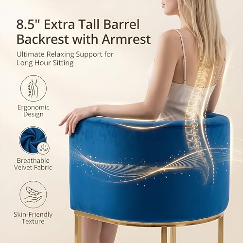 Image of HNY Modern Counter Height Velvet Fabric Upholstered Counter Stool, 24 Inch Kitchen Island Stool with Gold Finish Metal Frame, Navy Blue