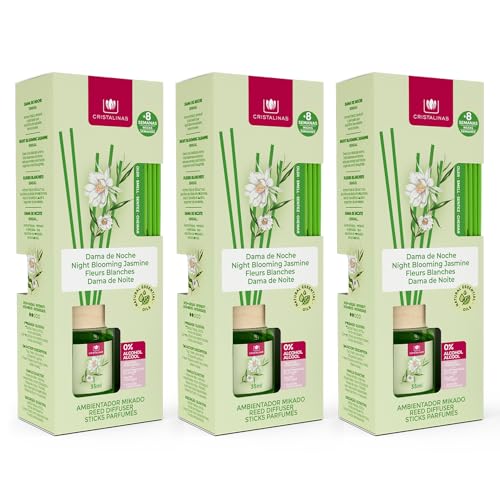 CRISTALINAS | Pack 3 Ambientador Mikado | 100% Puro | Larga Duración 8 Semanas | 3x35ml | 0% Alcohol (Dama de noche, 3x35ml)