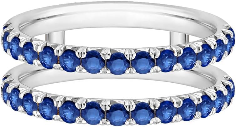 Round Cut Blue Sapphire Enhancer Guard For Women, 14K Gold Plated 925 Silver September Birthstone Blue Sapphire Enhancer Wrap Guard Matching Band