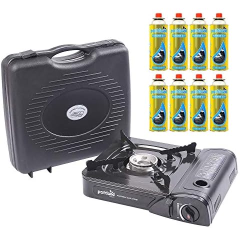 Single Burner Butane Gas Stove | Portable Compact and Lightweight | Adjustable Flame Height | Ideal For Camping Fishing | Comes With Carry Case | Durable And Easy To Use + 8 Gas Refills Cover