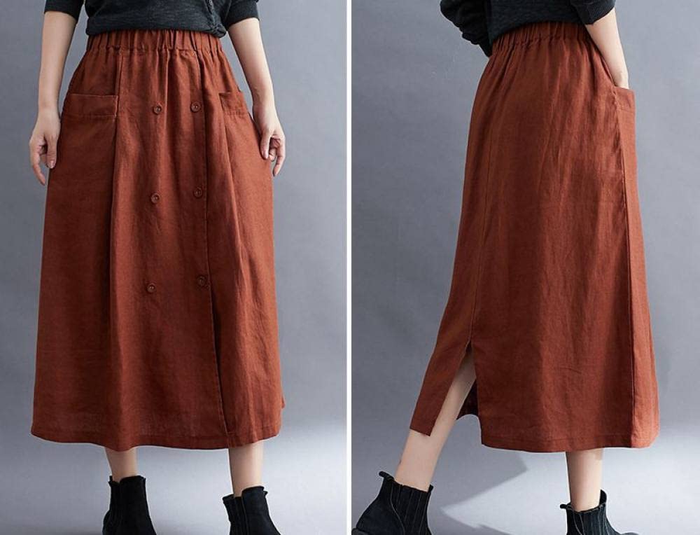 Gonne da Donna,Maxi Gonna da Donna Marrone Elastico in Vita Gonna A Tubino Vintage in Cotone E Lino con Tasche A-Line Casual Plain Gonne Lunghe per Ragazze Signore,L