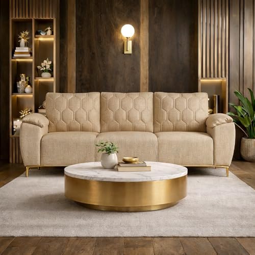 Image of Centuary Sleepables Modena Premium Sofa|Classy Quilted Suede Fabric Upholstery|Fiber-Filled Back Cushion|Wide Plush Fibrefilled Armrests|Ergonomic Lumbar Support |Warm Beige|3 Years Warranty