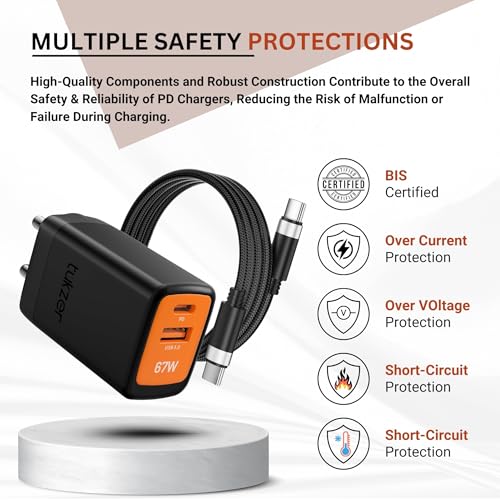 Image of Tukzer 67W Dual Port GaN3 Ultra Fast Charger (Type C PD3.0 & USB QC3.0 / 5V~3A) + USB Type C to C Cable| Compatible with MacBook /Laptops /All iPhone /iPad /Android Phones (Black)