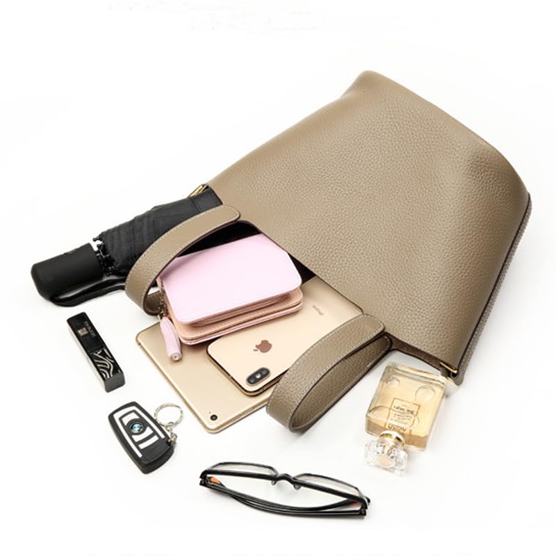 Women's Genuine Leather Bucket Bag Fashion Leather Handbag Lock Design Top-handle Purses Shoulder Handbag (Red&Brown)