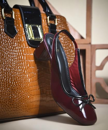Image of JM LOOKS Women Slingback Block Heels with Bow Detail Closed Round Toe Pumps Dress Shoes