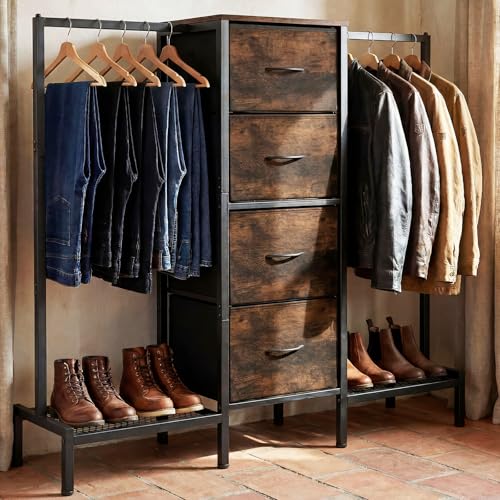 Consejos para Comprar Closets monterrey economicos los mejores 5. 45 Closet Para Ropa armables, Perchero Para Ropa, con barra para colgar y 4 cajones, Closet ropero en forma de T, color marrón vintage (Colores vintage)