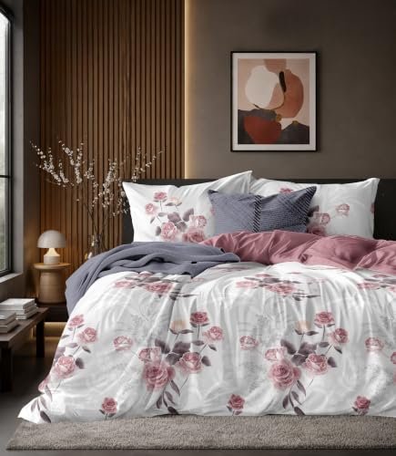 Image of Cotton Bedding Set King Size| 300 TC Double Bed Duvet Cover with Zipper (90x100 in), Double Bed Fitted Bedsheet (72x78+10 in Depth), 2 Pillow Covers (18x28 in) |Warm|DBC 056|White Pink Rose