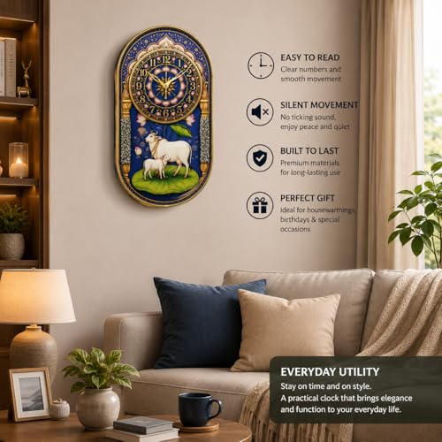 Image of Kamdhenu Prosperity Wall Clock for Home Decor | 12x18 Inch Silent Non-Ticking Spiritual Clock | Vastu Decorative Wall Clock for Living Room, Hall, Pooja Room & Office | Housewarming Gift