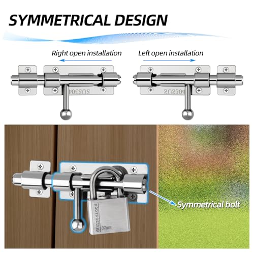 Image of Barrel Bolt Latch, 4.2 Inch Slide Lock, SUS304 Stainless Steel Slide Bolt Latch with Padlock Hole, Heavy Duty Slide Bolt Gate Latch Lock for Wooden Fence, Yard Door, Barn Door, Shed Door (Silver)