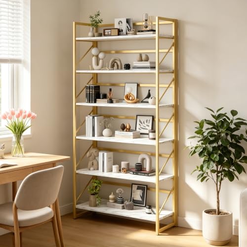 Image of JSB 6 Tier No Assembly Folding Bookshelf, 30.7 inch Wide Foldable Storage Bookcase for Home Office, Space-Saving Storage Shelf for Living Room (White&Gold)