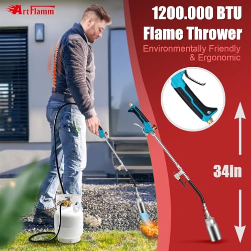 Image of ARTFLAMM Portable Propane Torch Weed Burner Kit with Storage Bag, High Output BTUs & 10 FT Hose, Self Igniter Weed Flame Torch for Campfires,Roofing,Melting Snow and Ice,Road Marking