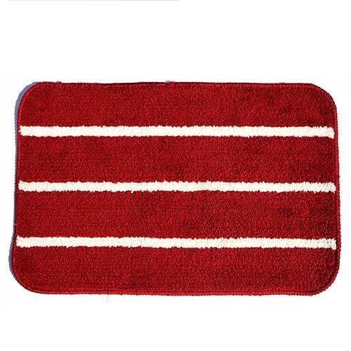 Image of Pure Source India Microfiber Anti-Slip Water Absorbent Door Mat, Three Strips Design (58cm x 39cm) Red Color Entrance Floor Mat for Home Bedroom Bathroom Pack of 1