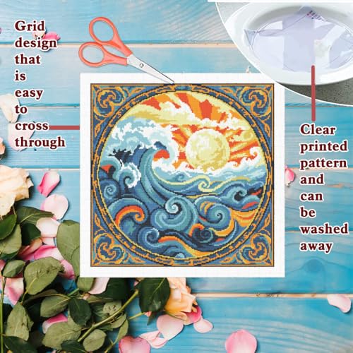 Image of FREEBLOSS 11CT Stamped Cross Stitch Kits Sunrise&Waves Cross Stitch Wall Hanging Kit Complete Embroidery Kits with Instruction for Needlepoint Adults Wall Art Decoration 18 * 18in /45 * 45cm