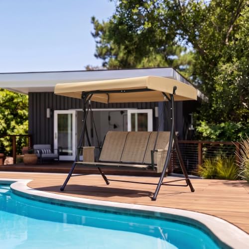 Image of PURPLE LEAF 3-Seat Porch Swing with Stand and Adjustable Canopy, Khaki | Rust-proof metal frame; breathable Textilene mesh; spacious 3-seat capacity; side storage pockets; backyard relaxation.