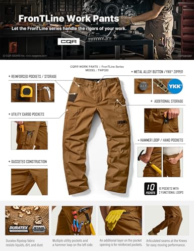 Image of CQR Men's Quick Dry Work Pants, Water Resistant Outdoor Tactical Pants, Lightweight Stretch Cargo Hiking Pants