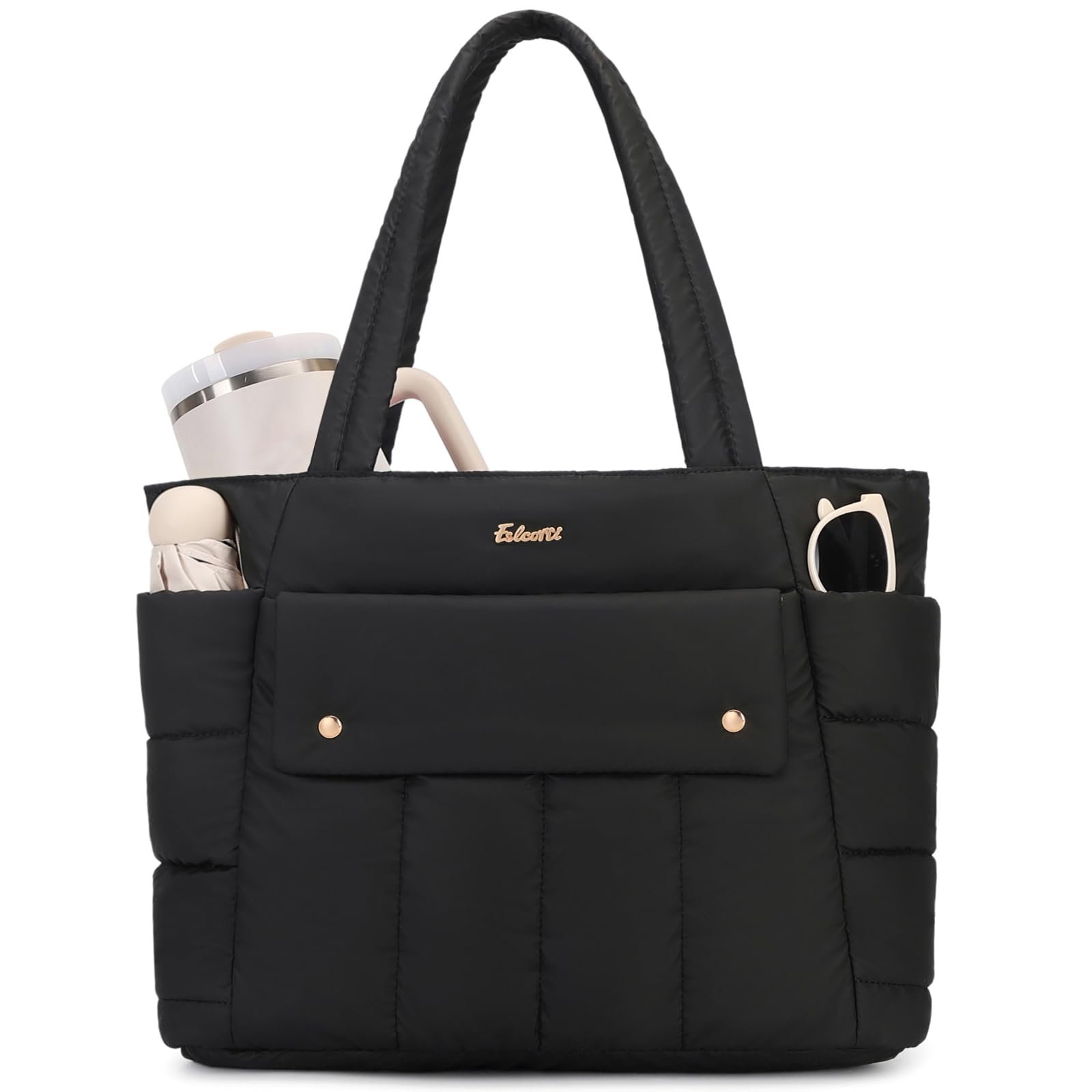 Eslcorri Large Puffer Tote Bag for Women, 21L Quilted Carry-On Purse with Luggage Sleeve, Padded Work Handbag for Travel, Gym