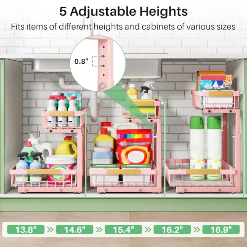 Image of Kitstorack Under Sink Organizer, 2 Tier Under the Sink Storage, Slide out Pull out Cabinet Organizer Shelf, Metal Sliding Drawer for Kitchen Bathroom Pantry Closet Organization Rack, Pink, 2 Pack