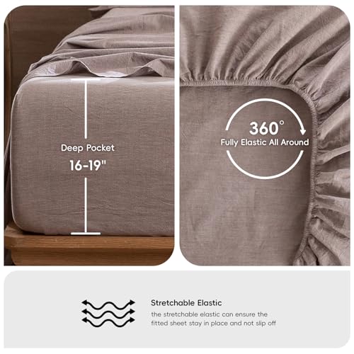 MooMee Bedding Sheet Set 100% Washed Cotton Linen Like Textured Breathable Durable Soft Comfy (Heathered Mauve Brown, King) - Image 3