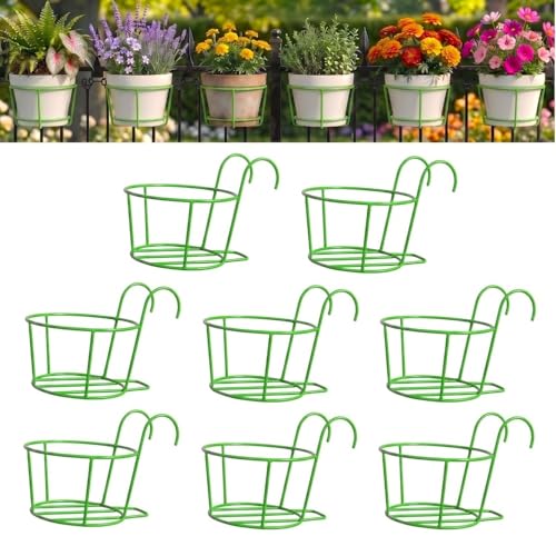 Image of Anti Rust Metal Hanging Planters for Balcony | Round Flowerpot Holder | Railing Planters, Fence Garden Flowerpot, Gamla, Flower Pots for Home and Garden (Green - Pack of 8)