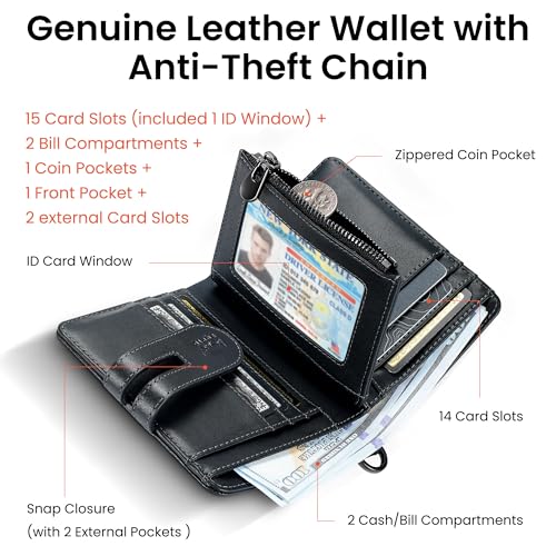 Genuine Leather Chain Wallets for Men: RFID Blocking Mens Wallet with Chain Purse Bifold Zipper Coin Pocket with Anti-Theft Chain, Gift for Father Husband At Birthday2