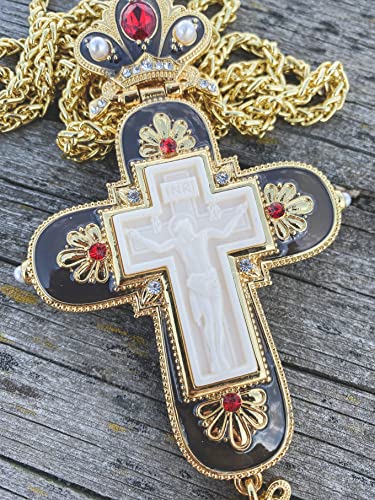 Nazareth Store Jesus Pectoral Cross Black Enamel Crystallized Red Stones Christian Priest Bishop Crucifix Pendant Necklace 24" in Gift Box4
