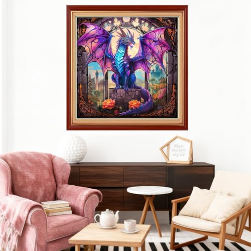 Image of Joyhoor Stamped Cross Stitch Kits for Beginners Needlepoint Kits for Adults Embroidery Kits 11CT Counted Cross Stitch Kits Printed Embroidery Pattern-Colorful Wing Dragon 18x18 inch