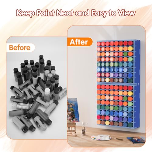 Image of Krafetto 2 Pack 64 Grids Paint Organizer Storage Rack, Wall-mountable Craft Paints Holder, Paint Bottle Organizer Rack Stand for 2 oz Acrylic Craft Paints, Blue