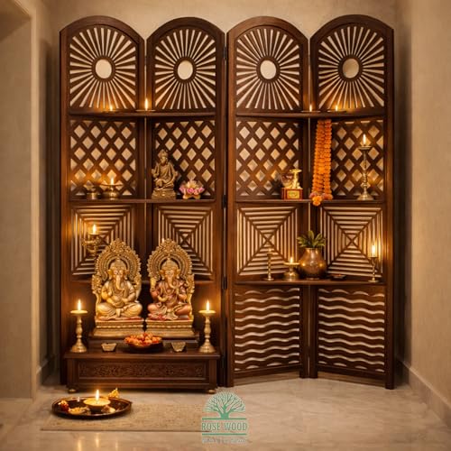 Image of Wooden Room Divider 6 Feet, 4-Panel Folding Wooden Partition for Living Room, Office, Pooja Room, Restaurant, Kitchen & Balcony (2W x 1.82H Meters). (Natural Brown- Shelves)