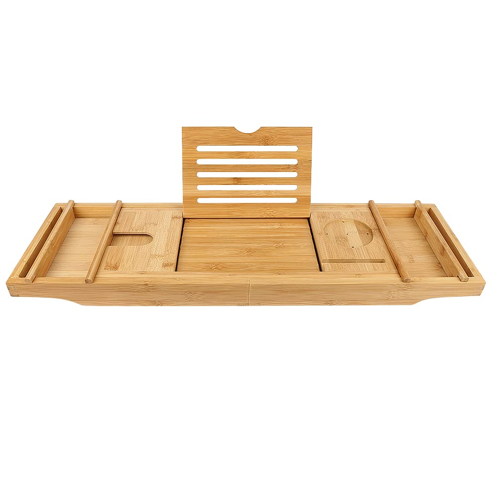 Plateau de Bain en Bambou, Pont de Baignoire Extensible, Etagère à Baignoire de Salle de Bain avec Plateau de Rangement et Porte-Savon, Baignoire et Plateau de Lit, 75-109cm*23*4.5cm