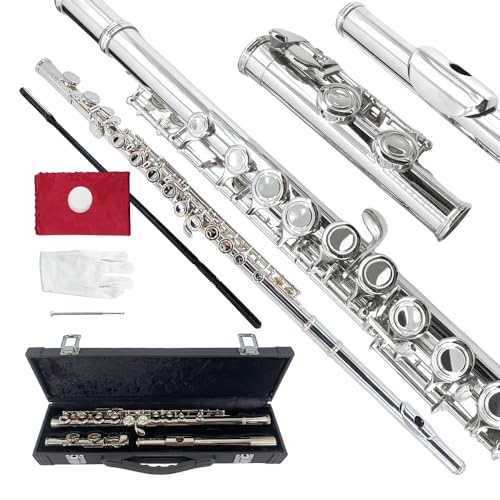 Conboxus 16 Key Flute,Beginner C Flutes Instrument Nickel-Plated Closed Hole Easy to Play with Carrying Case,Cleaning Kit,Gloves and Tuning Rod (Silver)