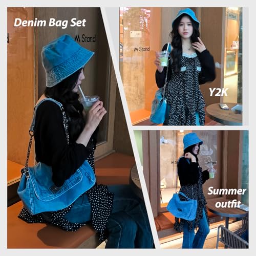 2PCS Denim Tote Bag and Denim Cap Set for Women, Retro Washed Shoulder Handbag Crossbody Purse with Adjustable Chain3