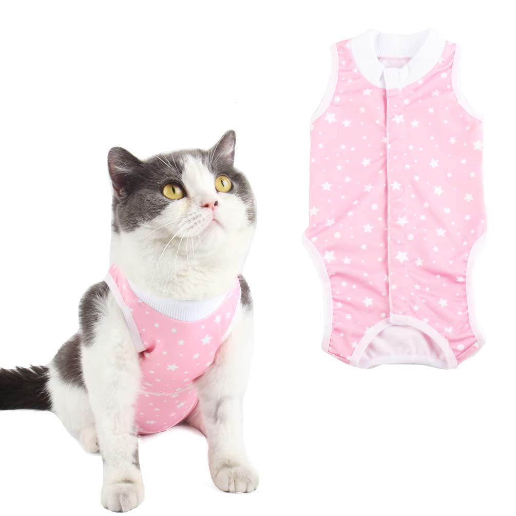 Due Felice Cat Surgery Recovery Suit Cats Surgical Onesie After Surgery Female Male Cat Post Spay Neuter Bodysuit Anti-Licking Wounds Pink Star/L