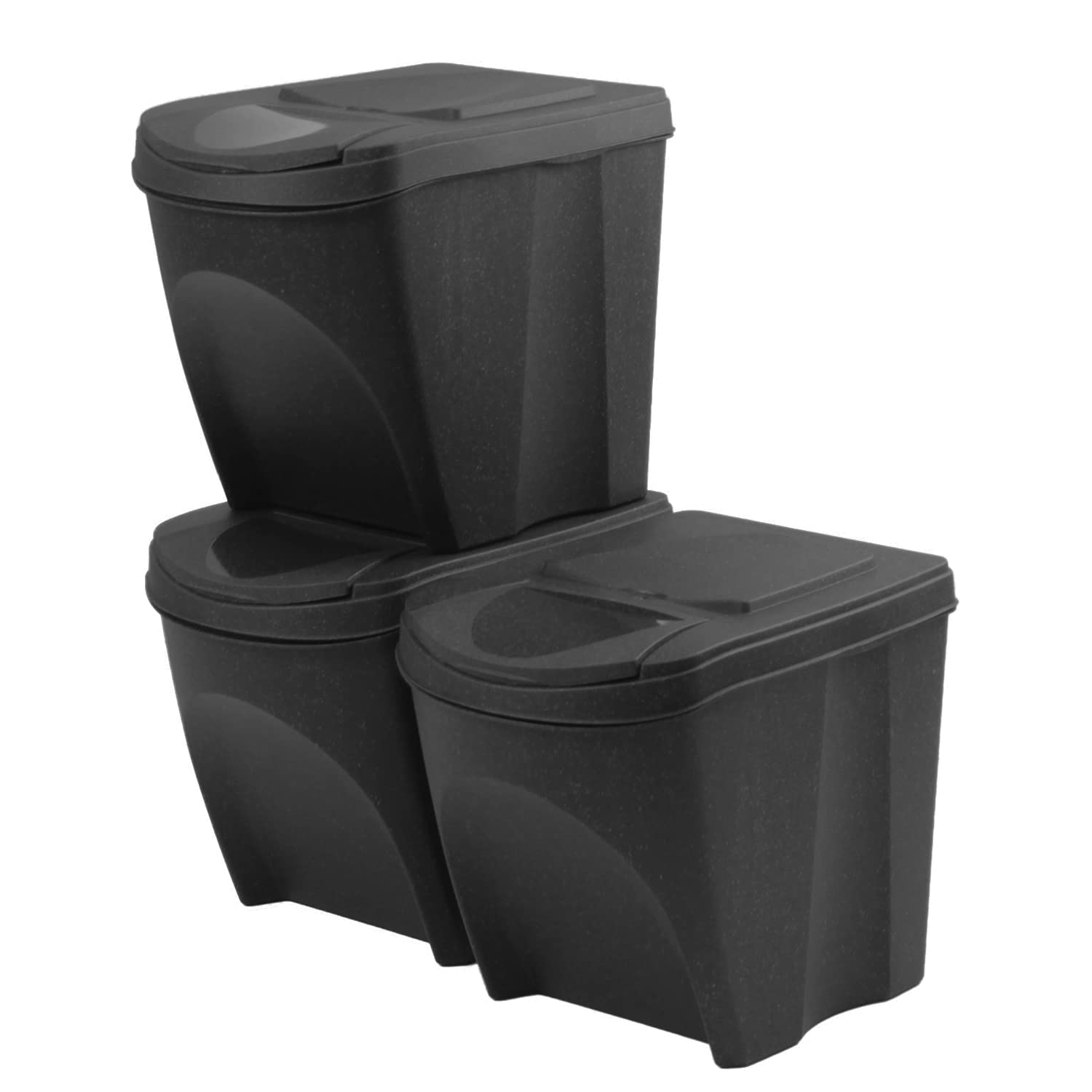 Set di 3 bidoni cestini SortiBox impilabili raccolta differenziata in plastica 75 litri (3x25L) da riciclaggio Antracite pattumiera per interni casa da cucina
