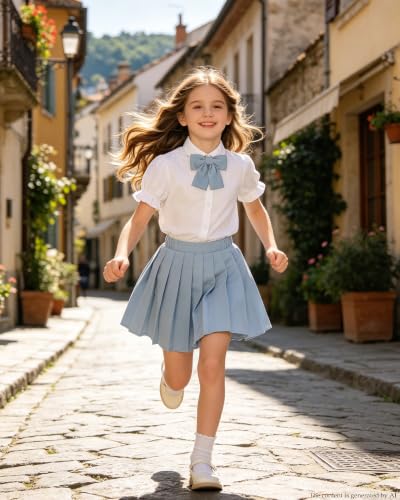 Image of Betusline Girls Skirt Set JK School Uniform 2-Piece Outfit - Short Sleeve Shirt with Bow & Pleated Skirt 4T-14Y