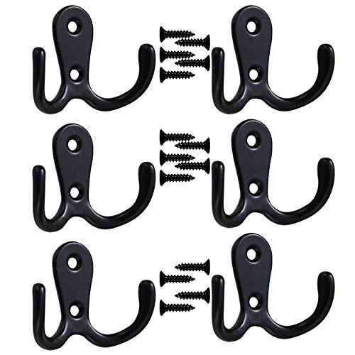 6 PCS Vintage Antique Double Door Hooks - Wall Mounted Decorative Coat Hanger for Clothes, Hat, Robe - Screw In Prong Hooks for Kitchen, Bedroom, Bathroom With Screws