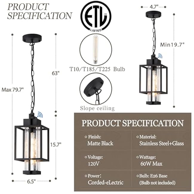 Outdoor Pendant Light Fixture 16 Modern Black OS-KY1005