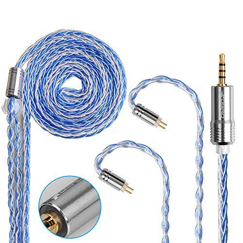 FDBRO 8-cores Silver Plated Copper Earphone Upgrade Cable Aluminum Alloy CD Texture Plug Replacement Cable Detachable Ear-Hook Type OFC Cable(Silver&Blue-0.78mm 2PIN-2.5mm)