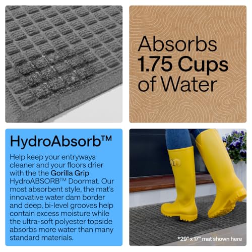 Image of GORILLA GRIP Ultra Absorbent Front Door Mat Outside Entrance, Traps Dirt and Moisture, HydroABSORB Indoor Outdoor Doormat Holds Up to 1.7 Cups Water, Stain and Fade Resistant Welcome Mat, 29x17, Grey