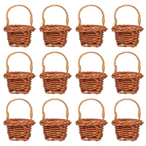 Cabilock 12pcs Mini Woven Basket with Handles Miniature Storage Basket Farmhouse Desktop Decorative Accessories for Wedding Party Favors Tree Hanging Ornaments Crafts, Chocolate
