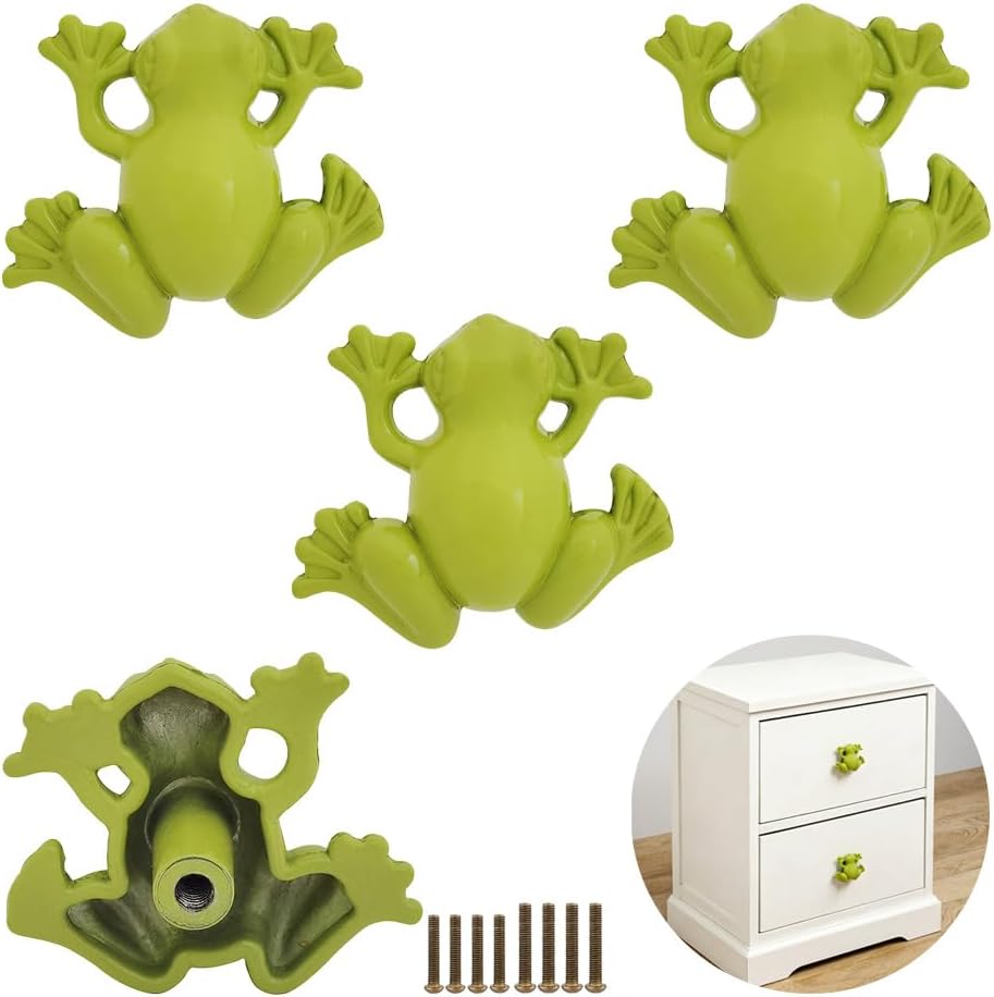 Frog Cabinet Knobs Decorative Drawer Knobs Unique Animal Pulls Zinc Alloy Single-Hole Pulls for Home Drawer Dresser Closet Kitchen Cupboard Wardrobes, Furniture Hardware Decor 4Pcs (Green)
