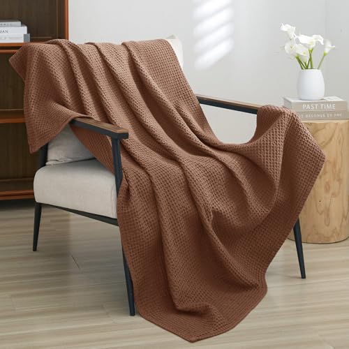 Image of PHF Pre-Washed Cotton Waffle Weave Blanket Throw Size for Couch Bed,Snag Proof Spring Summer Lightweight Breathable,Oeko-TEX Certified,Machine Washable, Home Decor Gift,Cappuccino | Pre-washed Soft Cozy Summer Throw for Hot Sleepers, Textured Decorative Layer for Bed Couch Sofa Guest Room, Giftable