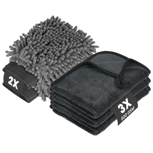 vsshe Juego de 5 Piezas para el Cuidado del automóvil con 3 paños de Microfibra para automóvil de 600 gsm y 2 Manoplas de Lavado de Microfibra, para automóvil y hogar(40x30cm)
