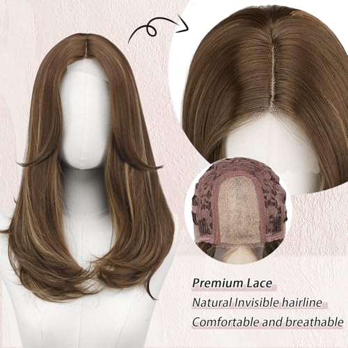 Image of FESHFEN Lace Front Hairline Wigs with Bangs, Synthetic Natural Looking Long Layered Straight Hair Wig for Women Daily Party Costume, 18 inch Brown Highlighted Blonde