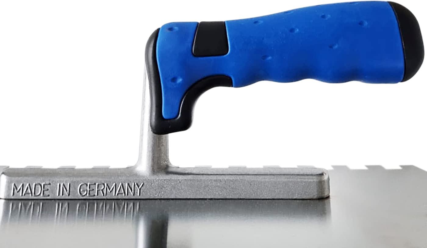 Fliesenlegerset 4-teilig, Glättekellen aus rostfreiem Edelstahl, Zahnung in 6x6 mm, 8x8 mm, 10x10 mm und 12x12 mm, Comfort Softgriff, Blattmaße 130x280x0,7mm, Made in Germany